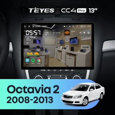 Штатная магнитола Teyes CC4 Pro 8/128 Skoda Octavia 2 A5 (2008-2013) Серая (13")